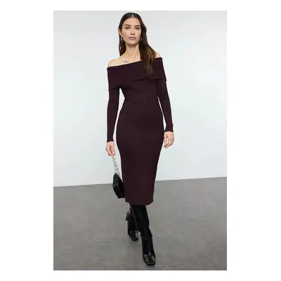 Trendyol Plum Midi Knit Basic Carmen Collar Dress