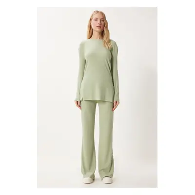 Happiness İstanbul Women's Green Comfortable Corduroy Knitted Blouse Trousers Set