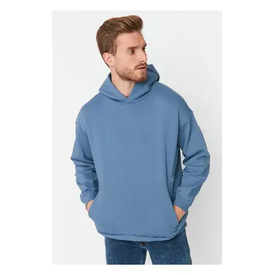 Trendyol Blue Oversize/Wide Cut Hooded Sweatshirt with Tiny Embroidery Details