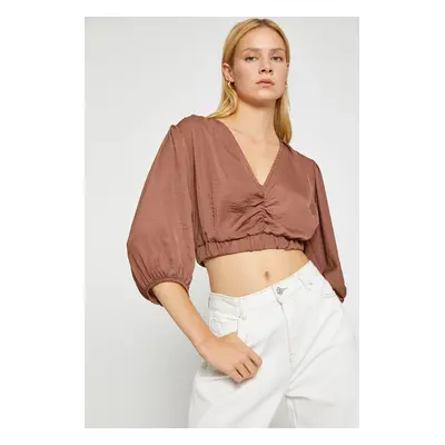 Koton V Neck Balloon Sleeve Crop Blouse Satin Look