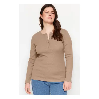 Trendyol Curve Mink Crew Neck Plain Basic Ribbed Knitted Blouse