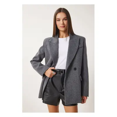 Happiness İstanbul Women's Anthracite Striped Blazer Cashmere Jacket