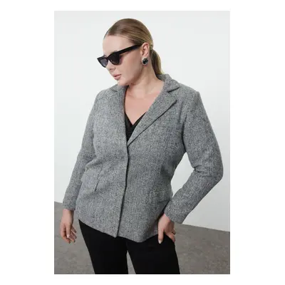 Trendyol Curve Premium Black-White Double Breasted Padded Collar Flap Pocket Lined Woven Jacket