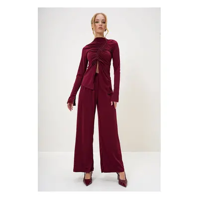 Trend Alaçatı Stili Women's Claret Red Stand Collar Gathered Detail Asymmetric Cut Sandy Trouser