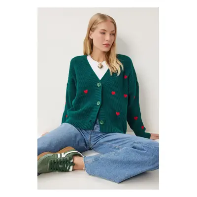 Happiness İstanbul Women's Emerald Green V Neck Heart Textured Knitwear Cardigan