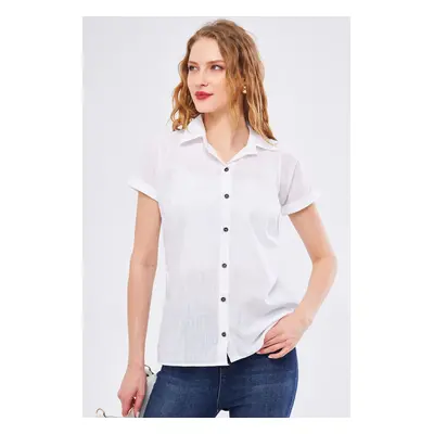 armonika Women's White Short Sleeve Linen Shirt