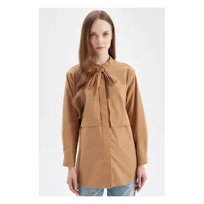 DEFACTO Relax Fit Bow Collar Poplin Long Sleeve Shirt Tunic