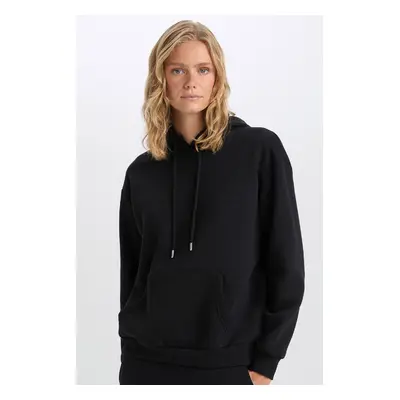 DEFACTO Relax Fit Hooded Kangaroo Pocket Thick Casual Basic Plain Black Sweatshirt