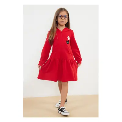 Trendyol Red Girl Seasonal-Thin Kangaroo Pocket Regular Hooded Cotton Knitted Dress