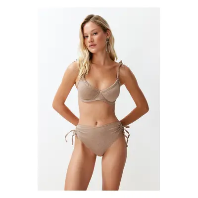 Trendyol Mink Balconette Tie-Up Silvery High Waist Hipster Bikini Set