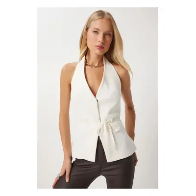 Happiness İstanbul Women's Ecru Neck Belted Woven Vest