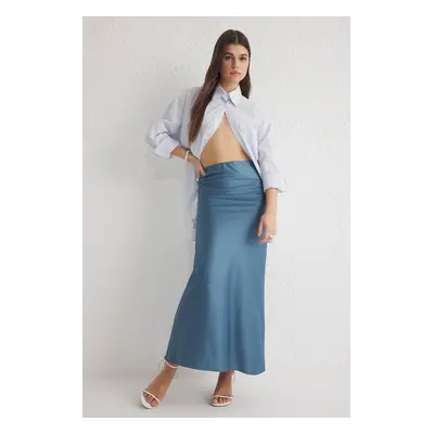 Trendyol Indigo Satin Fish Shape Maxi Length Woven Skirt