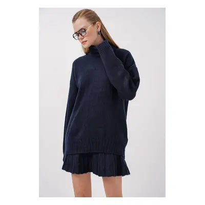 Bigdart Sweater Skirt Knitwear Two Piece Set - Navy Blue