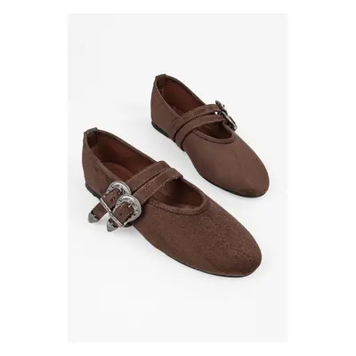 Shoeberry Women's Rodeo Brown Suede Buckle Detailed Ballerinas