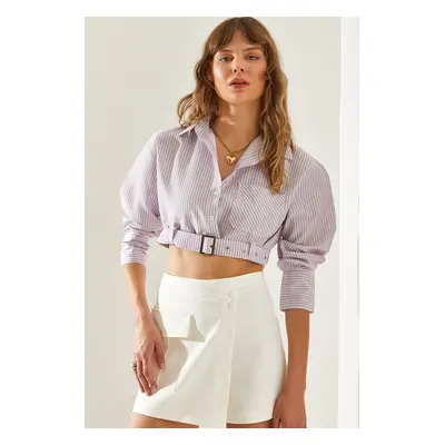 Bianco Lucci Women's Belt Detailed Striped Crop Shirt