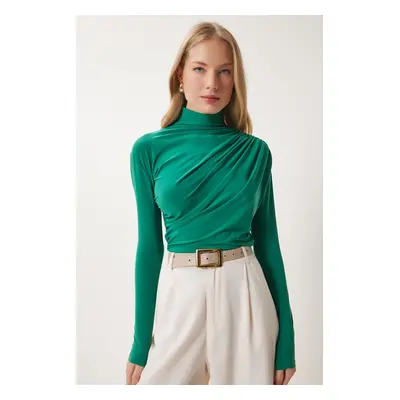 Happiness İstanbul Women's Vivid Green Gathered Detailed Stand Collar Sandy Blouse