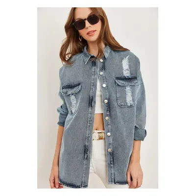 Olalook Women's Dark Blue Laser Cut Pocket Back Applique Detailed Denim Shirt Jacket