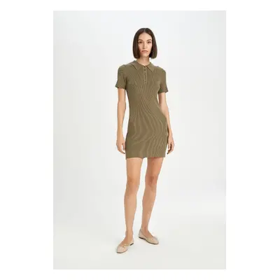 DEFACTO Fitted Bodycon Polo Neck Basic Plain Short Sleeve Mini Knit Dress