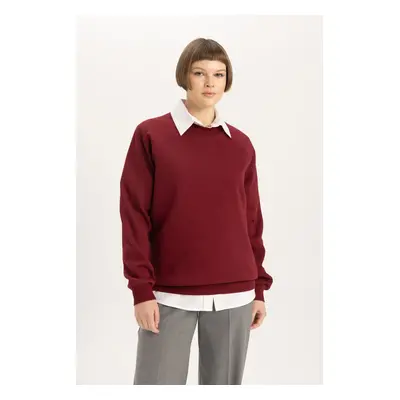 DEFACTO Oversize Fit Wide Mold Crew Neck Thick Basic Plain Casual Claret Red Sweatshirt