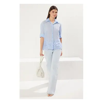 Trendyol Light Blue Collar and Hem with Embroidered Brode Detail Regular Regular Pattern Woven S