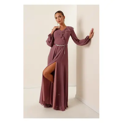 By Saygı Flounce Front Balloon Sleeve Belted Chiffon Long Dress