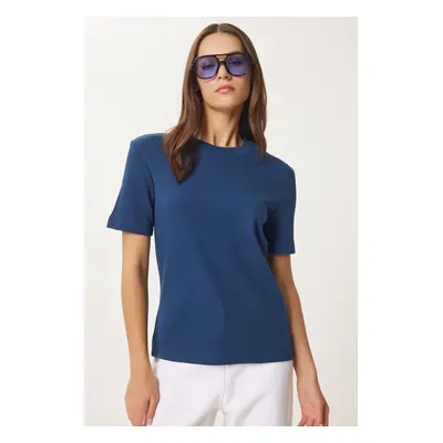 Happiness İstanbul Women's Cobalt Blue Cotton Basic Knitted T-Shirt