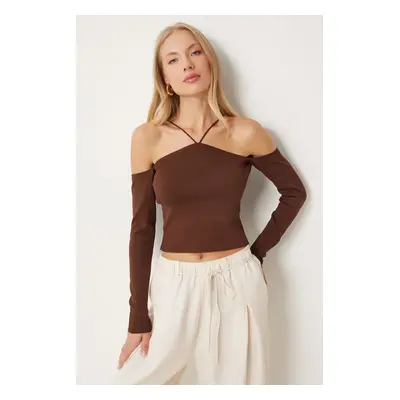 Happiness İstanbul Women's Brown Crossed Thread Knit Blouse