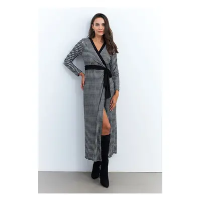 Cool & Sexy Women's Black-Ecru Double Breasted Houndstooth Maxi Dress