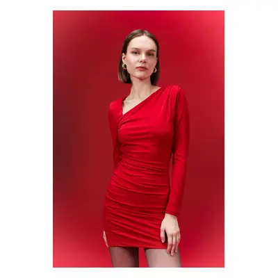 DEFACTO Bodycon Bodycon Basic Plain Bateau Neck Draped Long Sleeve Mini Red Dress