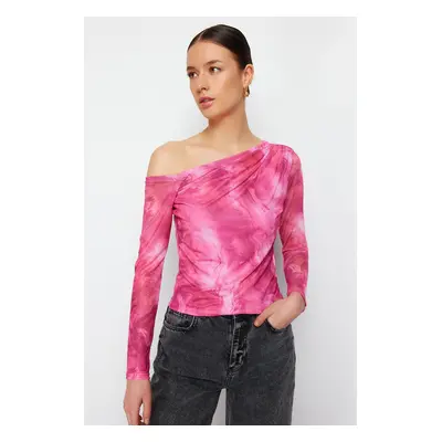 Trendyol Pink*001 Patterned Tulle Lined Asymmetrical Collar Knitted Blouse