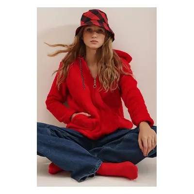 Trend Alaçatı Stili Women's Red Hoodie with Zipper Front Double Pocket Oversized Plush Sweatshir