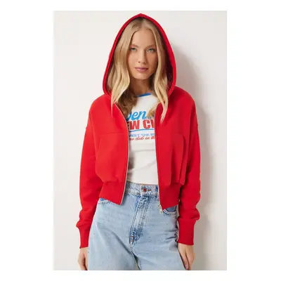 Happiness İstanbul Women's Red Hooded Zippered Sweatshirt