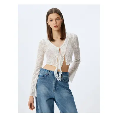 Koton Lace V Neck Ruffled Spanish Sleeve Crop Blouse