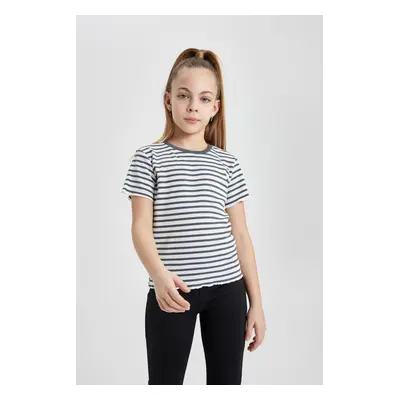 DEFACTO Girl Slim Fit Crew Neck Striped Corduroy Short Sleeve T-Shirt