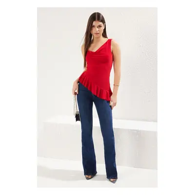 Trendyol Red Asymmetric Cowl Neck Ruffle Detailed Body-Smoothing Knitted Blouse