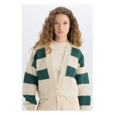 DEFACTO Coool Oversize Wide Fit V-Neck Striped Buttoned Knitwear Cardigan