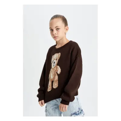 DEFACTO Girl Oversize Wide Pattern Crew Neck Teddy Bear Patterned Knitwear Sweater