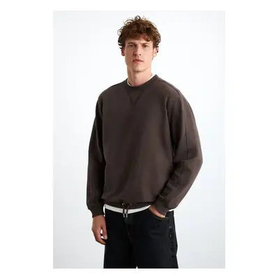 GRIMELANGE Danko Men's Soft Crew Neck Thread Brown Sweatshirt