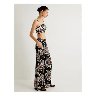 Koton X Melis Ağazat - Wide Leg Trousers High Waist Ethnic Patterned Pocket Viscose Fabric