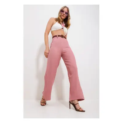 Trend Alaçatı Stili Women's Powder Pink High Waist Woven Trousers with Waist Belt and Side Hidde