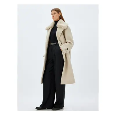 Koton Long Faux Für Cashmere Coat with Removable Collar and Pocket