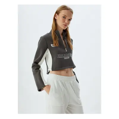 Koton Crop Sweatshirt Half Zipper Slogan Printed Stand Collar Raised