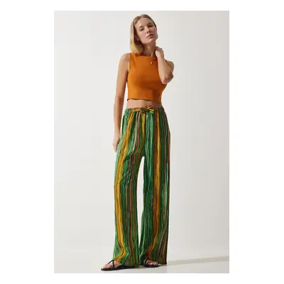 Happiness İstanbul Women's Green Yellow Patterned Flowing Viscose Palazzo Trousers