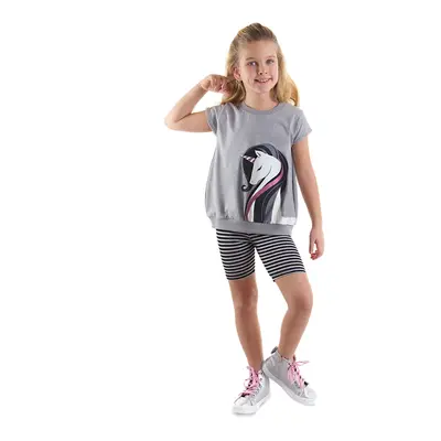 Denokids Striped Unicorn Girl Gray Black Summer T-shirt Tights Set