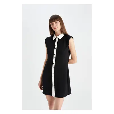 DEFACTO Shirt Collar Basic Plain Buttoned Woven Sleeveless Mini Black Dress