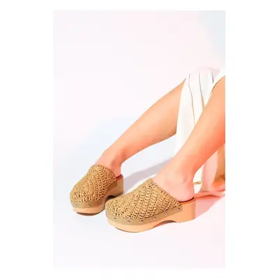 LuviShoes COOPER Light Tan Knitted Genuine Leather Wedge Heel Slippers