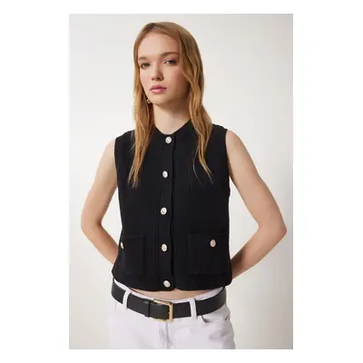 Happiness İstanbul Women's Black Stylish Buttoned Pocket Knitwear Vest