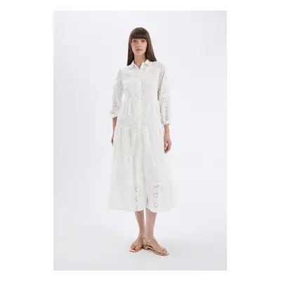 DEFACTO Shirt Collar Voile Embroidery Half Sleeve Maxi White Dress