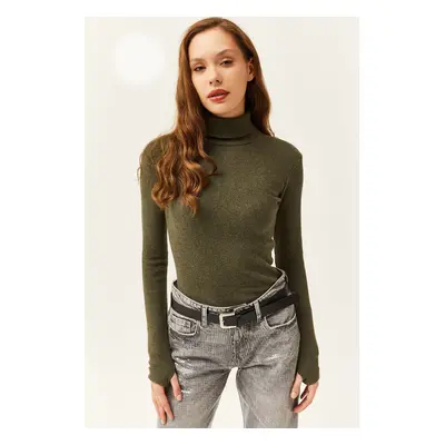 Olalook Women's Khaki Turtleneck Finger Detailed Lycra Blouse