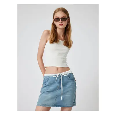 Koton Double Waist Detailed Laced A Cut Mini Denim Skirt